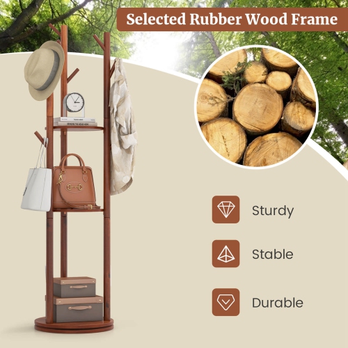 Costway Freestanding Wooden Coat Tree 360° Rotary Coat Rack with 3 Display Storage Shelves