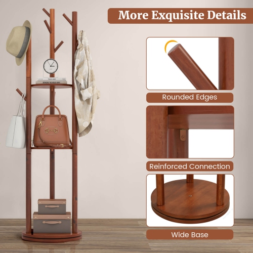 Costway Freestanding Wooden Coat Tree 360° Rotary Coat Rack with 3 Display Storage Shelves