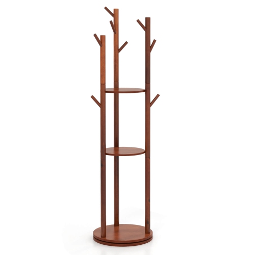 Costway Freestanding Wooden Coat Tree 360° Rotary Coat Rack with 3 Display Storage Shelves