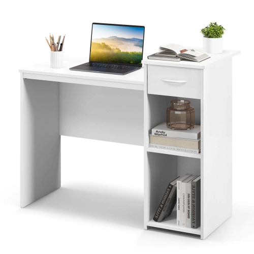COSTWAY  Computer Desk With Drawer Modern Laptop PC Desk With Adjustable Shelf & Cable Hole