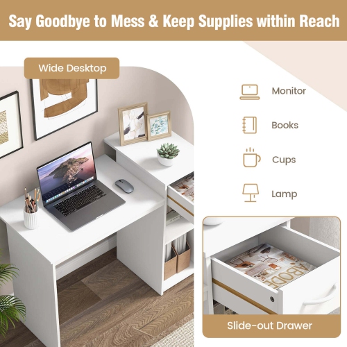 Costway Computer Desk with Drawer Modern Laptop PC Desk with Adjustable Shelf & Cable Hole