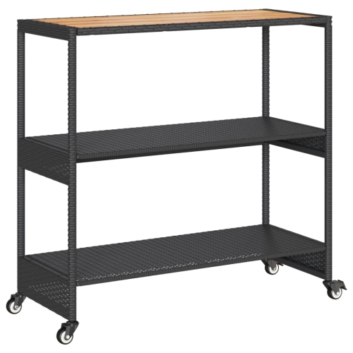 Chariot de bar à 3 niveaux en poly rotin noir et bois d'acacia massif