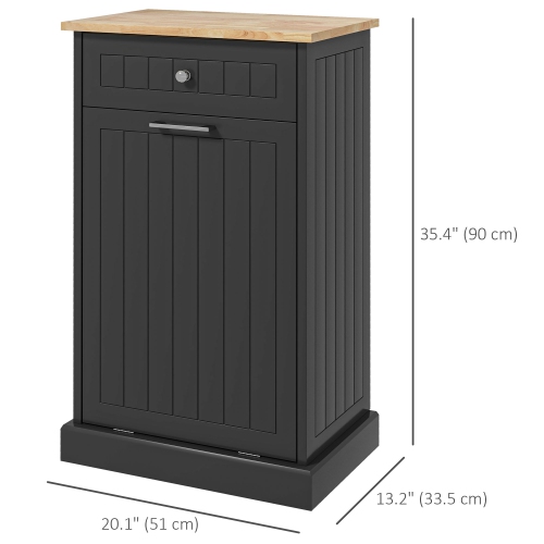 HOMCOM Tilt Out Trash Cabinet, Hidden Garbage Bin Cabinet with Drawer and Solid Wood Countertop, Free Standing Kitchen Trash Can Holder, Black