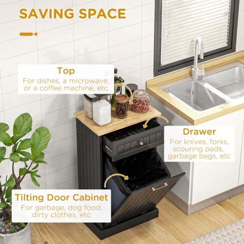 HOMCOM Tilt Out Trash Cabinet, Hidden Garbage Bin Cabinet with Drawer and Solid Wood Countertop, Free Standing Kitchen Trash Can Holder, Black