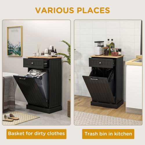 HOMCOM Tilt Out Trash Cabinet, Hidden Garbage Bin Cabinet with Drawer and Solid Wood Countertop, Free Standing Kitchen Trash Can Holder, Black