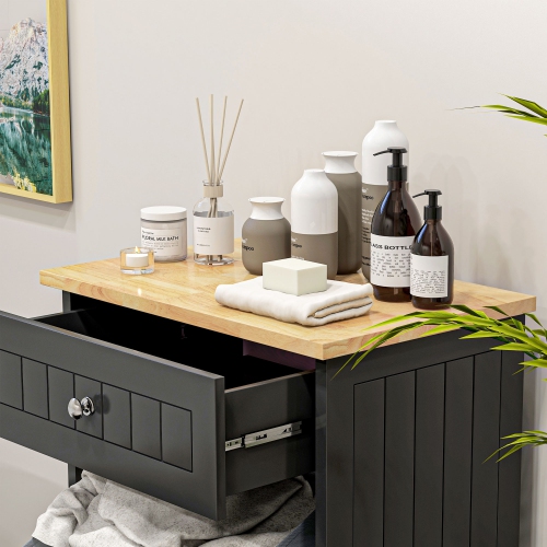 HOMCOM Tilt Out Trash Cabinet, Hidden Garbage Bin Cabinet with Drawer and Solid Wood Countertop, Free Standing Kitchen Trash Can Holder, Black