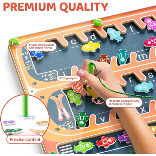 Magnetic Alphabet Wooden Puzzle Board, Montessori Educational Fine Motor Toy for 3-6 Year Old Toddlers