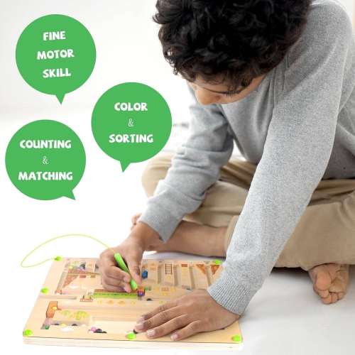 Magnetic Color and Number Maze – Casse-tête d’apprentissage en bois à compter, Motor Skills Montessori Toys & Activity Board pour filles de 3 ans et