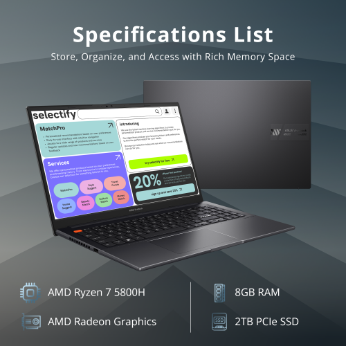 ASUS VivoBook S 15 Slim 15.6" FHD Business Laptop, AMD Ryzen 7 5800H, 2TB SSD, 8GB RAM, AMD Radeon Graphics, Fingerprint Reader, Win 11 Home, Indie