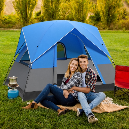 Gymax Camping Tent for 2-3 People Waterproof & Windproof Family Dome Tent w/ Rainfly Blue