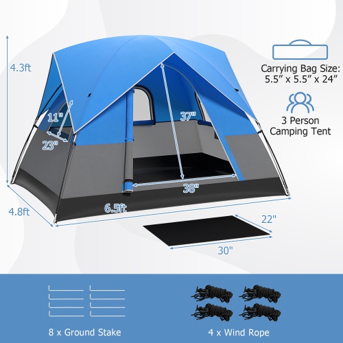 Gymax Camping Tent for 2-3 People Waterproof & Windproof Family Dome Tent w/ Rainfly Blue