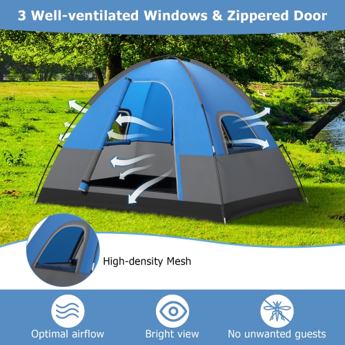Gymax Camping Tent for 2-3 People Waterproof & Windproof Family Dome Tent w/ Rainfly Blue