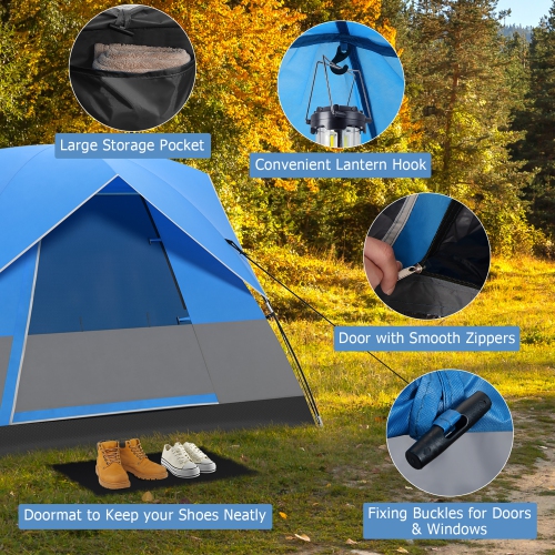 Gymax Camping Tent for 2-3 People Waterproof & Windproof Family Dome Tent w/ Rainfly Blue