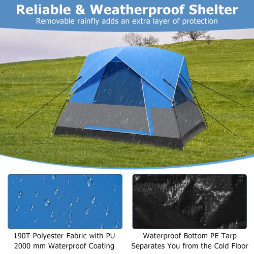 Gymax Camping Tent for 2-3 People Waterproof & Windproof Family Dome Tent w/ Rainfly Blue
