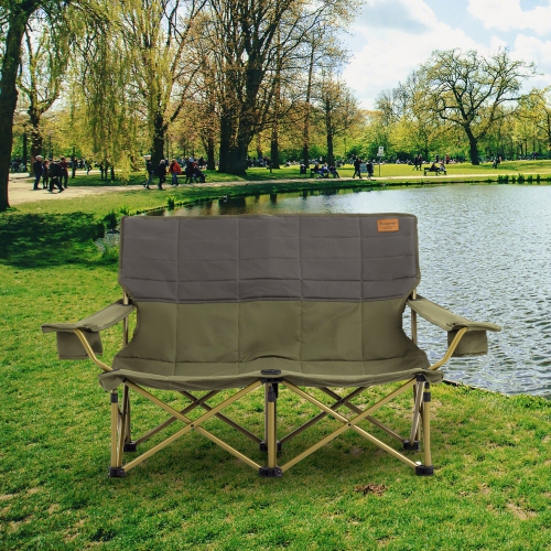 Gymax Oversized Camping Chair Folding Loveseat Camping Couch w/ Cup Holders & Padding Green