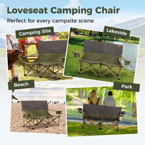 Gymax Oversized Camping Chair Folding Loveseat Camping Couch w/ Cup Holders & Padding Green