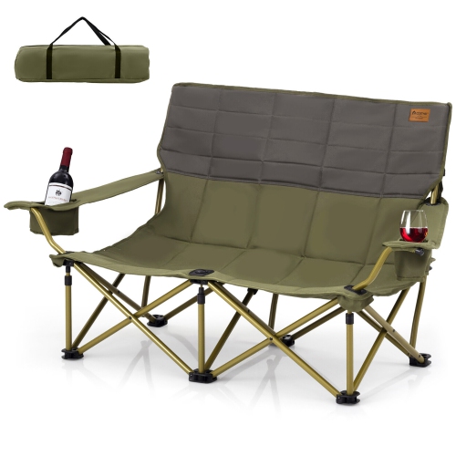 Gymax Oversized Camping Chair Folding Loveseat Camping Couch w/ Cup Holders & Padding Green