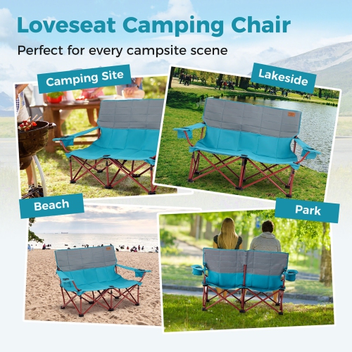 Gymax Oversized Camping Chair Folding Loveseat Camping Couch w/ Cup Holders & Padding