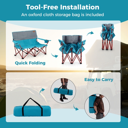 Gymax Oversized Camping Chair Folding Loveseat Camping Couch w/ Cup Holders & Padding