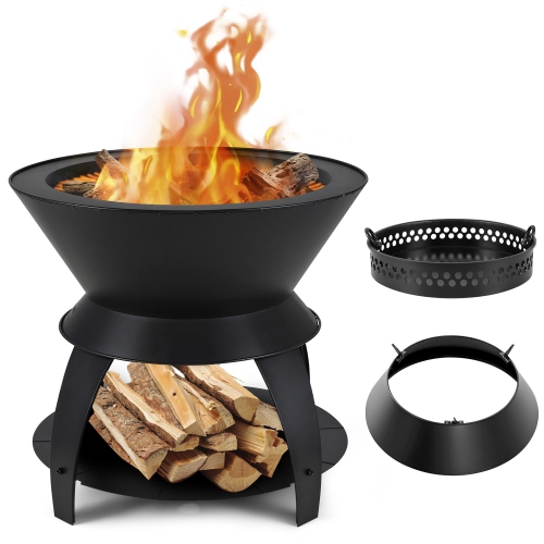 Gymax 3-in-1 Patio Fire Pit 20'' Metal Camping Fire Bowl w/ Pot Holder & Storage Shelf