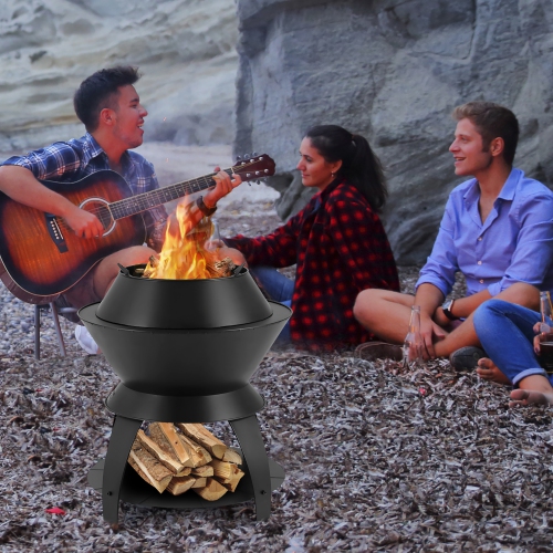 Gymax 3-in-1 Patio Fire Pit 20'' Metal Camping Fire Bowl w/ Pot Holder & Storage Shelf