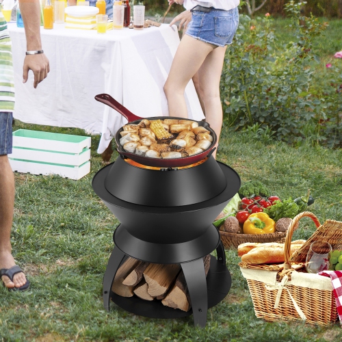 Gymax 3-in-1 Patio Fire Pit 20'' Metal Camping Fire Bowl w/ Pot Holder & Storage Shelf