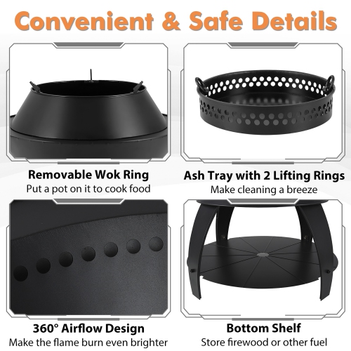 Gymax 3-in-1 Patio Fire Pit 20'' Metal Camping Fire Bowl w/ Pot Holder & Storage Shelf