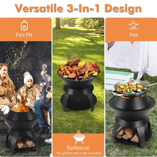Gymax 3-in-1 Patio Fire Pit 20'' Metal Camping Fire Bowl w/ Pot Holder & Storage Shelf