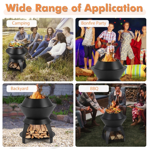 Gymax 3-in-1 Patio Fire Pit 20'' Metal Camping Fire Bowl w/ Pot Holder & Storage Shelf