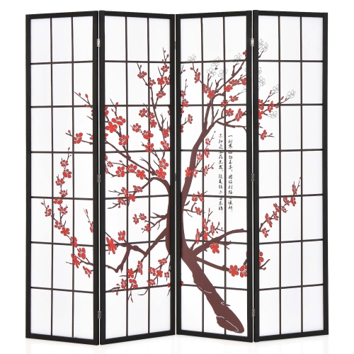COSTWAY  4-Panel Japanese Style Folding Room Divider With Elegant Plum Blossom Design Indoor