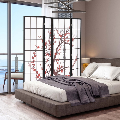 Costway 4-Panel Japanese Style Folding Room Divider with Elegant Plum Blossom Design Indoor