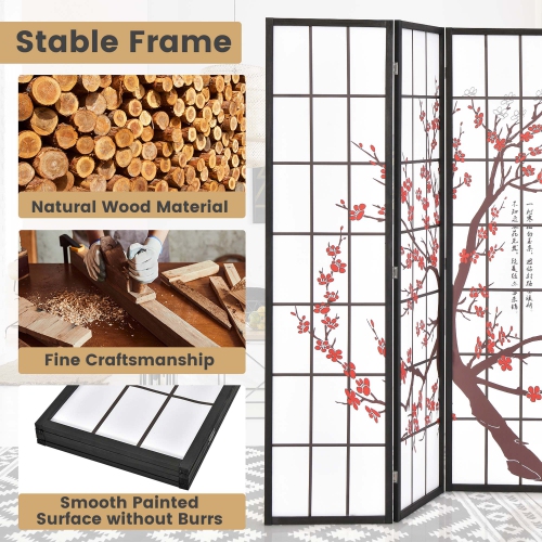 Costway 4-Panel Japanese Style Folding Room Divider with Elegant Plum Blossom Design Indoor