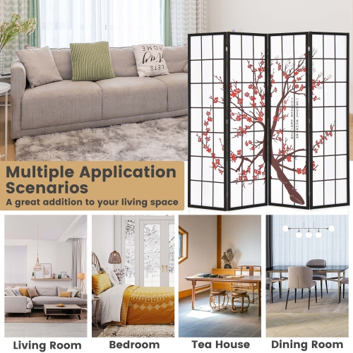 Costway 4-Panel Japanese Style Folding Room Divider with Elegant Plum Blossom Design Indoor