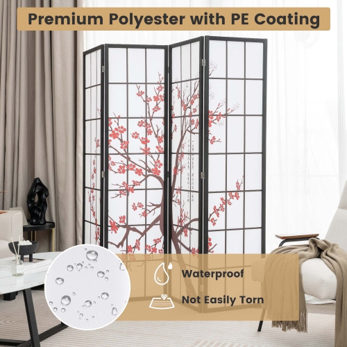 Costway 4-Panel Japanese Style Folding Room Divider with Elegant Plum Blossom Design Indoor