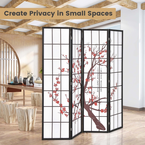 Costway 4-Panel Japanese Style Folding Room Divider with Elegant Plum Blossom Design Indoor