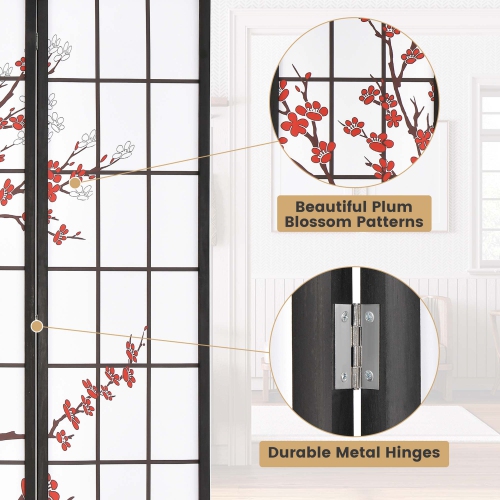 Costway 4-Panel Japanese Style Folding Room Divider with Elegant Plum Blossom Design Indoor