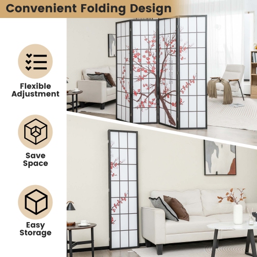 Costway 4-Panel Japanese Style Folding Room Divider with Elegant Plum Blossom Design Indoor