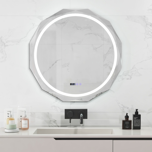 Miroir de salle de bain à DEL de 30 x 30 po avec affichage de température et de temps de désembuage à 3 couleurs à intensité réglable de Costway