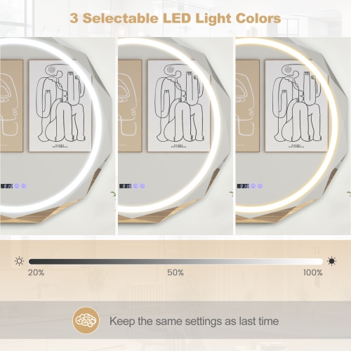 Miroir de salle de bain à DEL de 30 x 30 po avec affichage de température et de temps de désembuage à 3 couleurs à intensité réglable de Costway