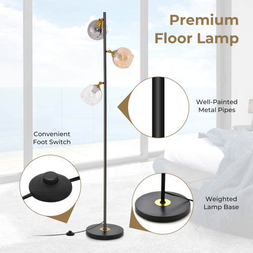 Lampe de plancher autonome du milieu du siècle de Costway avec 3 abat-jour Globe en verre et interrupteur à pied