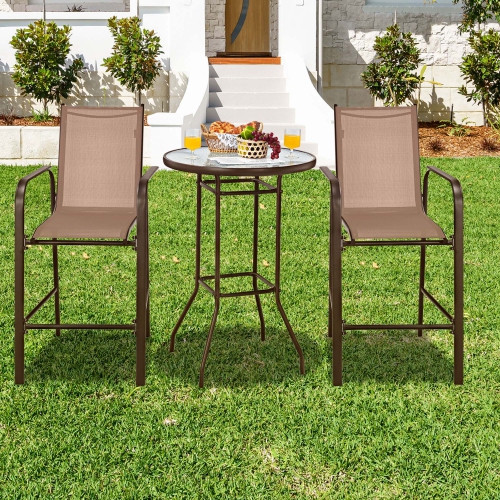 COSTWAY  3 PCs Outdoor Patio Bar Table Stool Set Height Tempered Glass Top