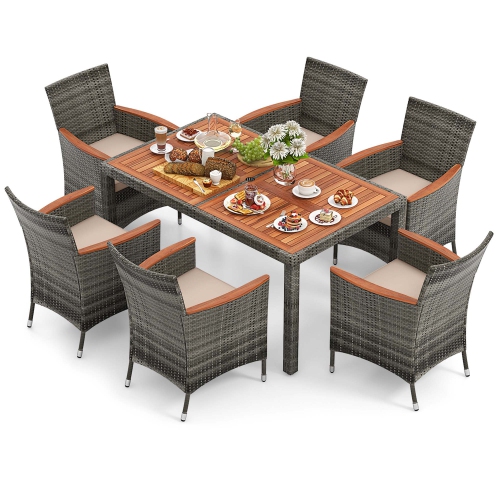 Costway 7 Pieces Outdoor Wicker Dining Set with Acacia Wood Table and 6 Armchairs