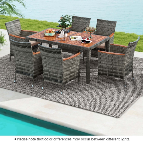 Costway 7 Pieces Outdoor Wicker Dining Set with Acacia Wood Table and 6 Armchairs