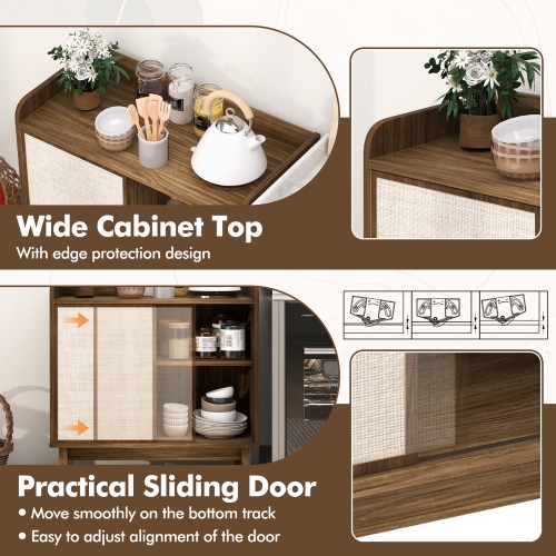 Gymax 2PCS Rattan Buffet Sideboard w/ Adjustable Shelves Storage Cabinet & Sliding Door
