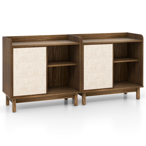 Gymax 2PCS Rattan Buffet Sideboard w/ Adjustable Shelves Storage Cabinet & Sliding Door