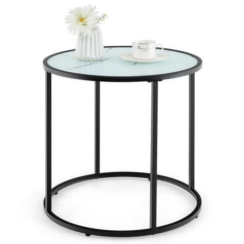 GYMAX  Glass End Table 20" Round Side Table W/ Metal Frame & Faux Marble Glass Top