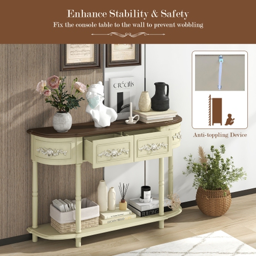 Gymax 52'' Long Sofa Table Retro Curved Console Table w/ Open Shelf Drawers Beige