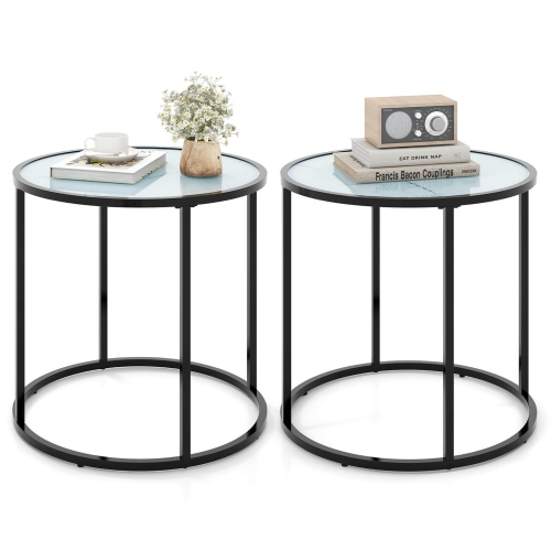 GYMAX  2PCs Glass End Table 20" Round Side Table W/ Metal Frame & Faux Marble Glass Top