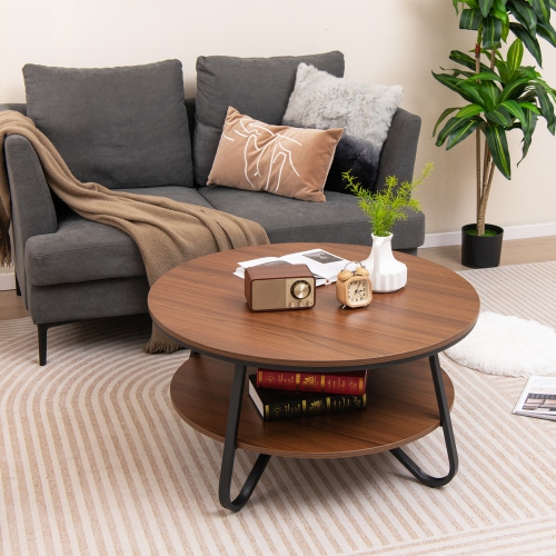 Costway 2-Tier Round Coffee Table with Wood Grain Finish & Heavy-duty Metal Frame