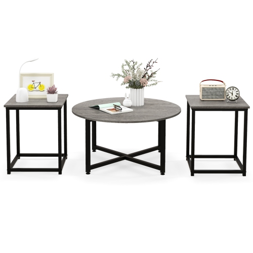 COSTWAY  3 PCs Coffee Table Set Round Coffee Table And 2 PCs Square End Tables Metal Frame